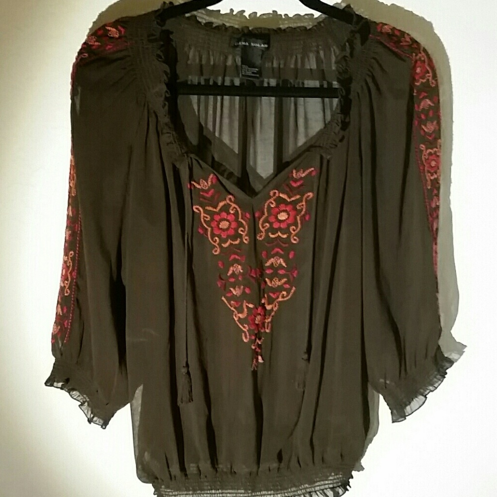 Sheer embroidery boho brown top